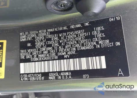 2010 Toyota Highlander Base V6 из США, поврежденный, VIN 5TDBK3EH3AS023788